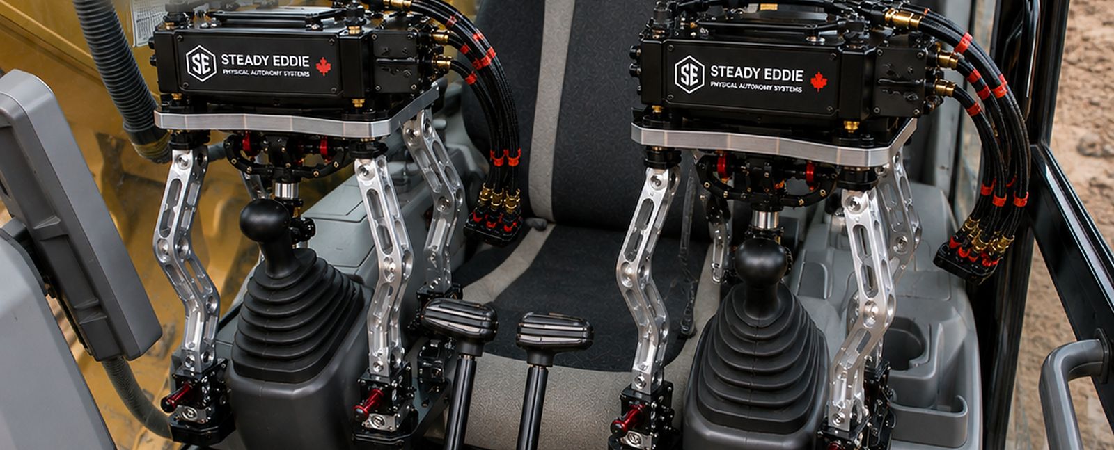 Steady Eddie units on an excavator's joysticks, the machine's own lockout lever beside them