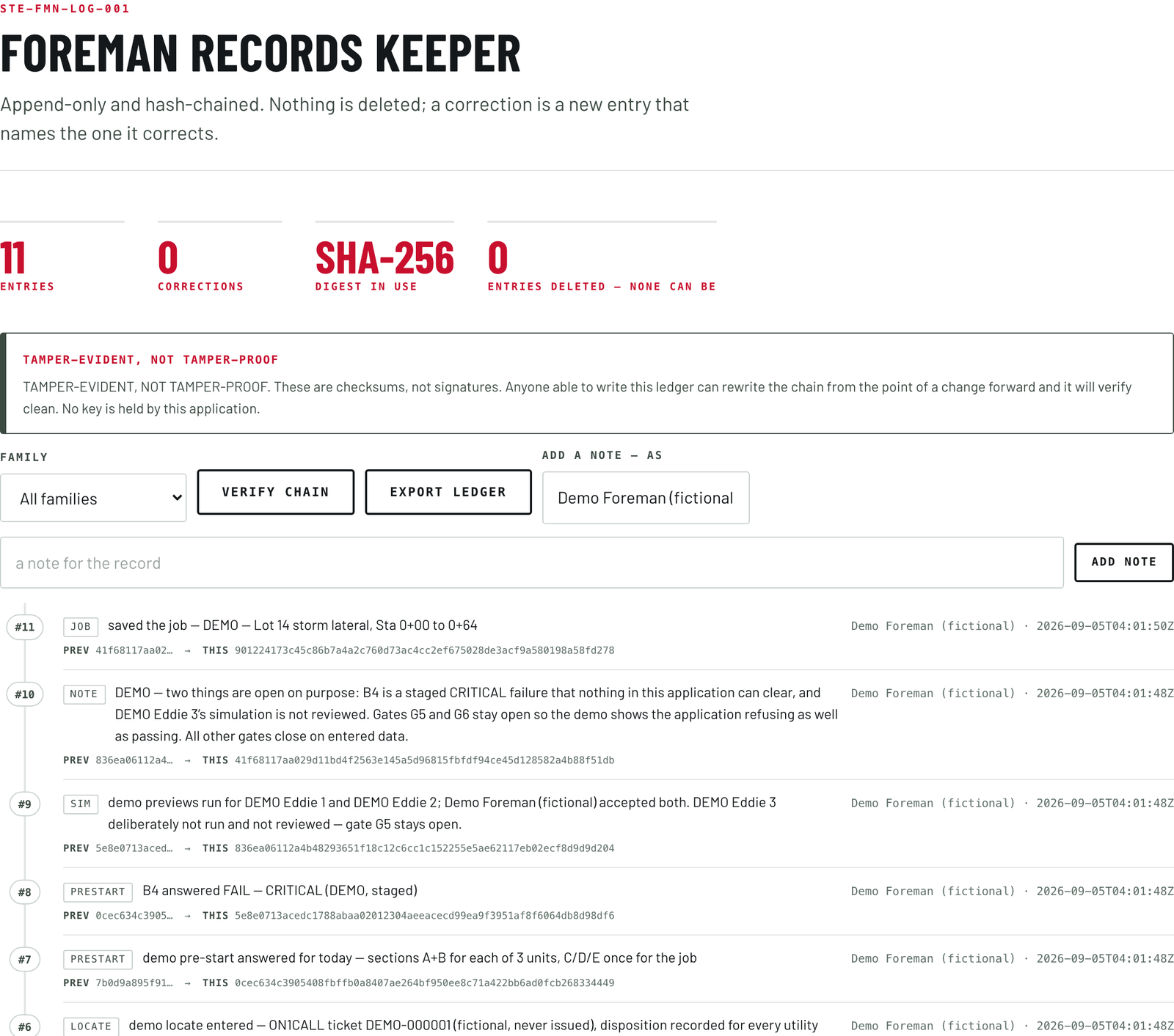 The Foreman records keeper: a record of every act, in order, each entry chained to the one before