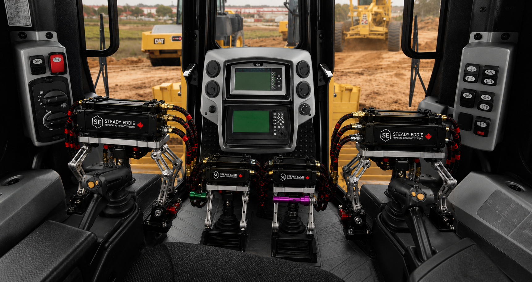 Four Steady Eddie units docked at the joystick, lever and pedal stations of a dozer cab &mdash; engineering visualisation, not a photograph of built hardware