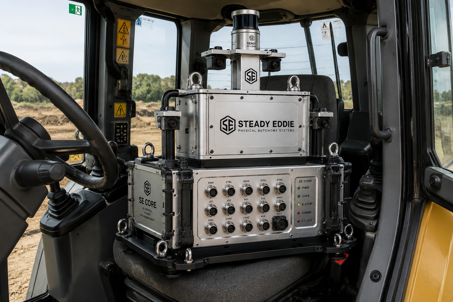 SE CORE unit installed on the dock base in the operator's seat of a host machine cab, mounted via the wedge dock interface and quick-latch receivers